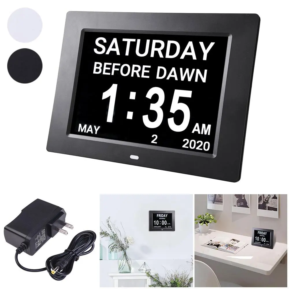 Yescom 8In Large Digital Calendar Day Clock With 6-Alarm Black/White 1