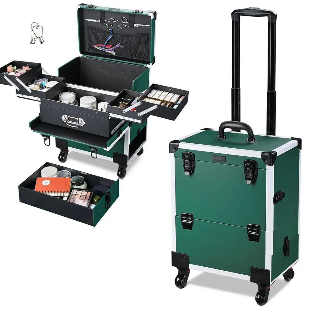 Byootique Emerald Green Makeup Case On Wheels W/ Drawer 1