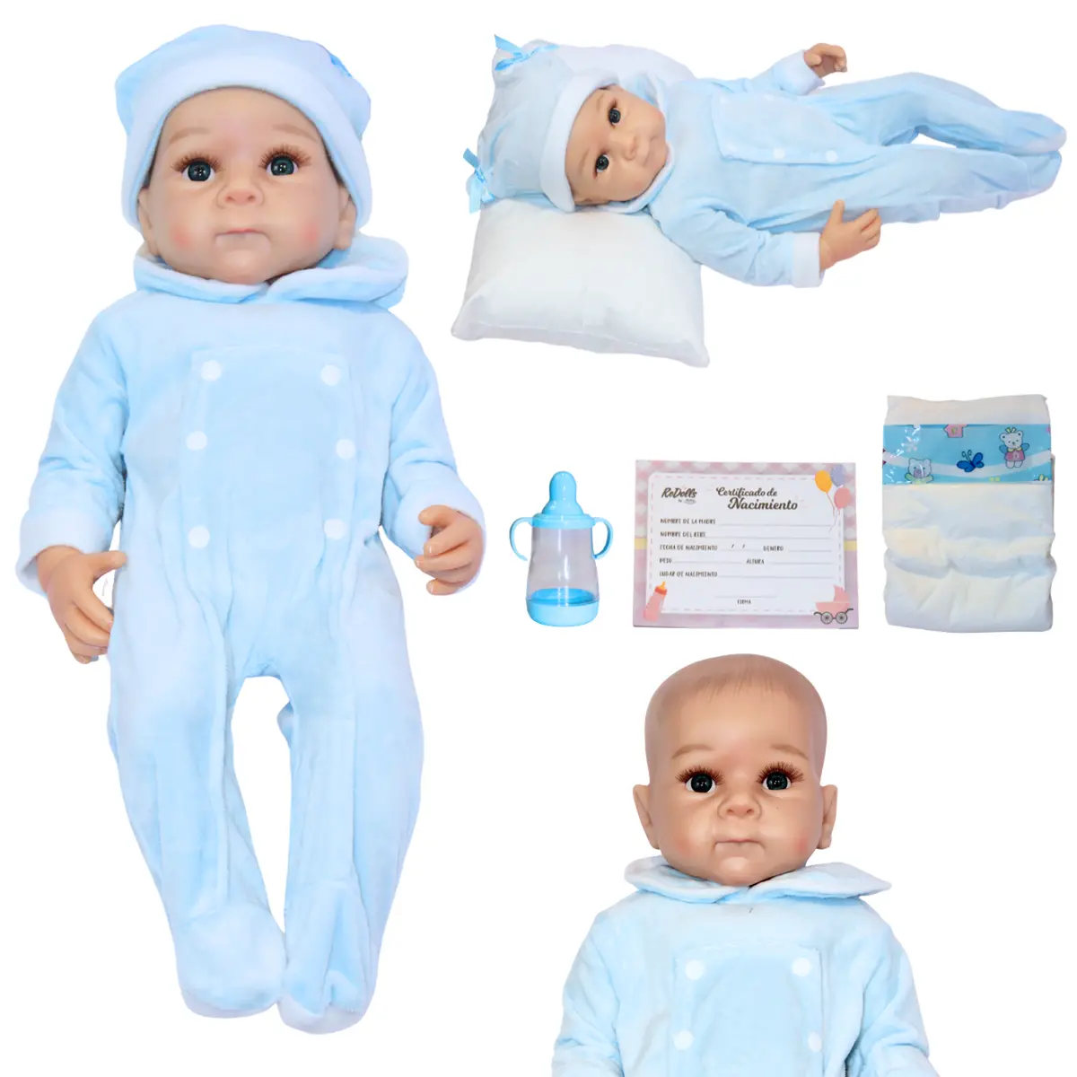 Muñeco Reborn Alessandro 55Cm Bebé Dormilón Con Mameluco De Raya Y Kit Esencial 1