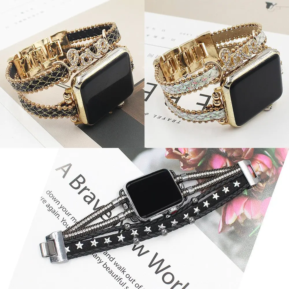 Blinged Out Leather Steel Bracelet Band For Apple Watch Multiple Colors Available 1