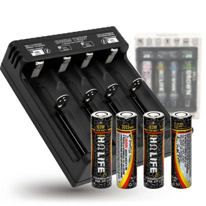 18650 Charger With 4 Hohm Life Batteries -Charger Fits: 18650, 20700, 21700, 26650 2