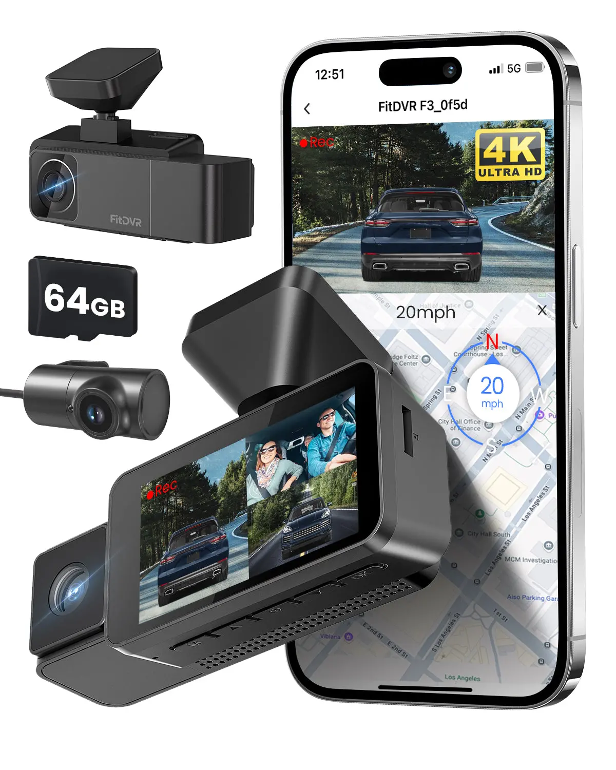 Fitdvr 4K 3 Channel Dash Cam, 2160P+1080P+1080P Front And Rear Inside Car Camera With 64Gb Card, Wifi Built-In Gps, 3“ Ips Screen, Ir Night Vision (F3) 1