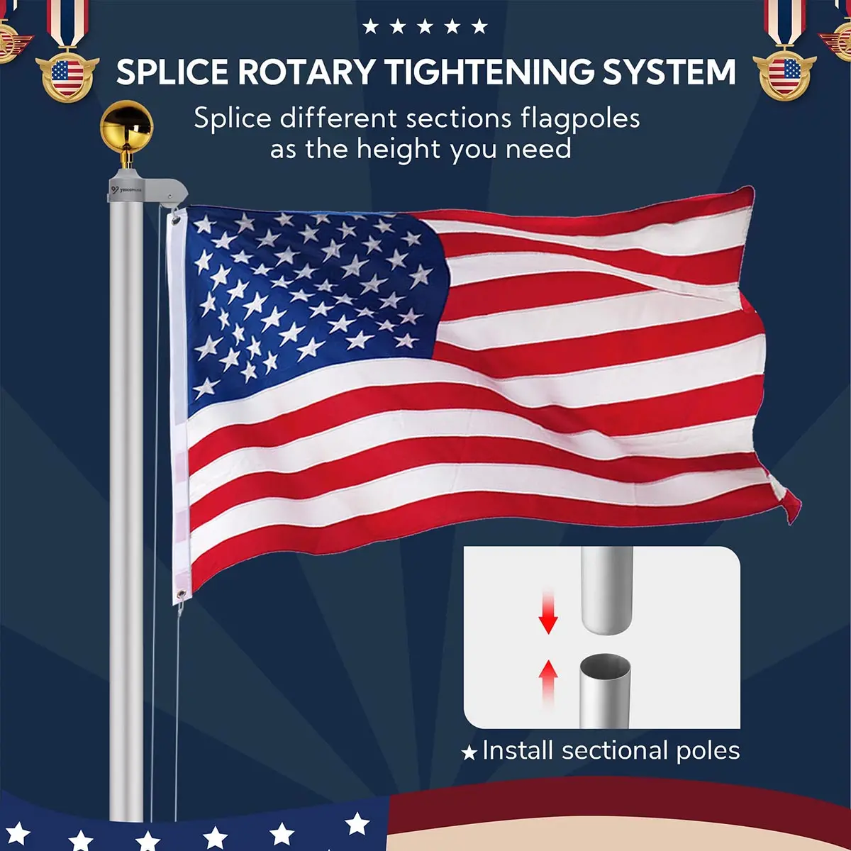 Yescom Bravery Flag Pole With Light & Regal Eagle 13Gauge(20Ft,25Ft,30Ft Options) 6