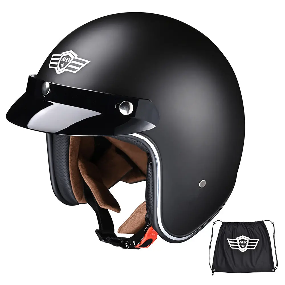 Ahr Retro Dot 3/4 Open Face Motorcycle Helmet Visor Matte Black 1