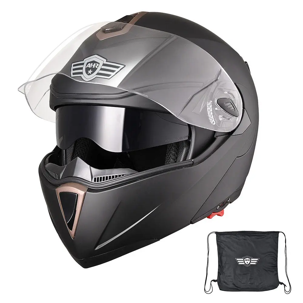 Ahr Dot Flip Up Motorcycle Helmet Full Face Dual Visors Matte Black 1