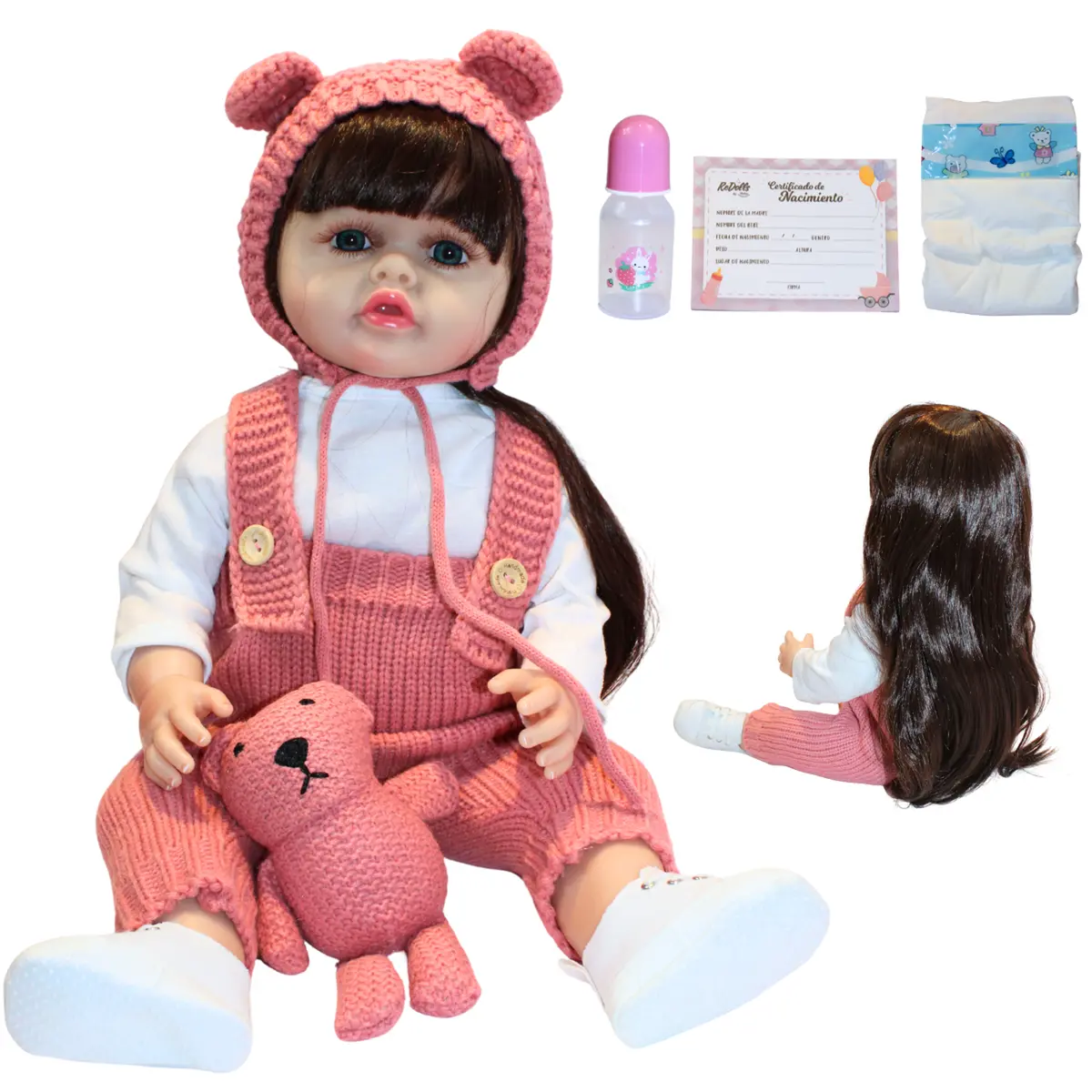 Muñeca Reborn Emilia 55Cm | Vinilo Suave Full Body | Overol Y Peluchito | Kit Completo 1