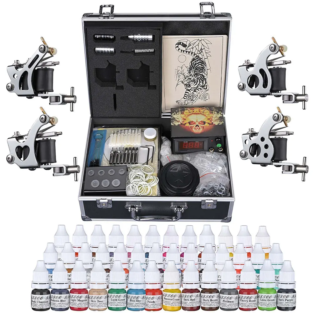 Yescom 4 Tattoo Machine Kit W/ Lcd Power Supply 40 Color Inks & Case 1