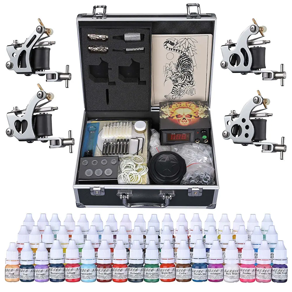 Yescom 4 Tattoo Machine Kit W/ Lcd Power Supply 54 Color Inks & Case 1