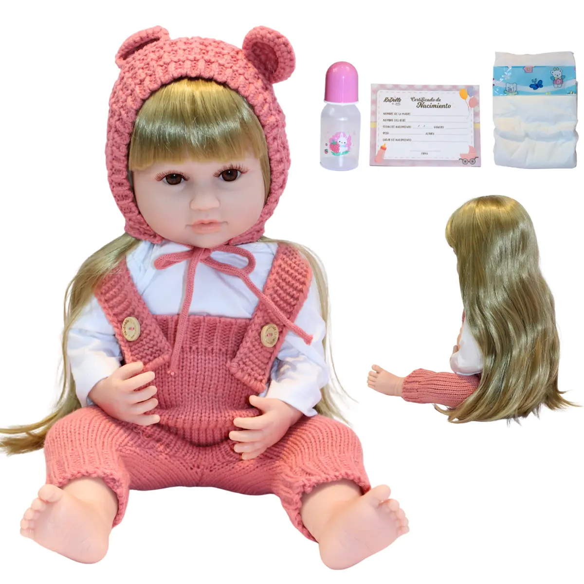 Muñeca Reborn Emma 55Cm | Vinilo Suave Full Body | Overol Rosa | Kit Completo 1
