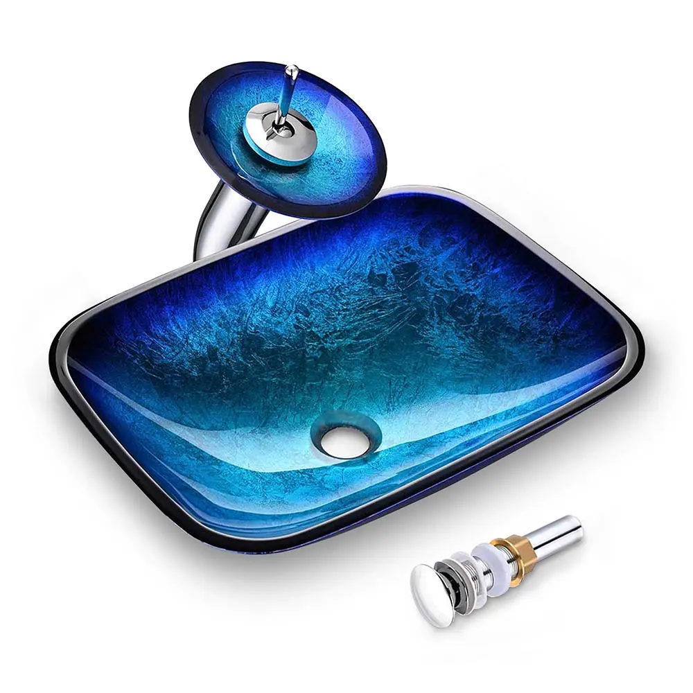 Aquaterior Rectangular Glass Sink Basin & Waterfall Faucet Kit 1