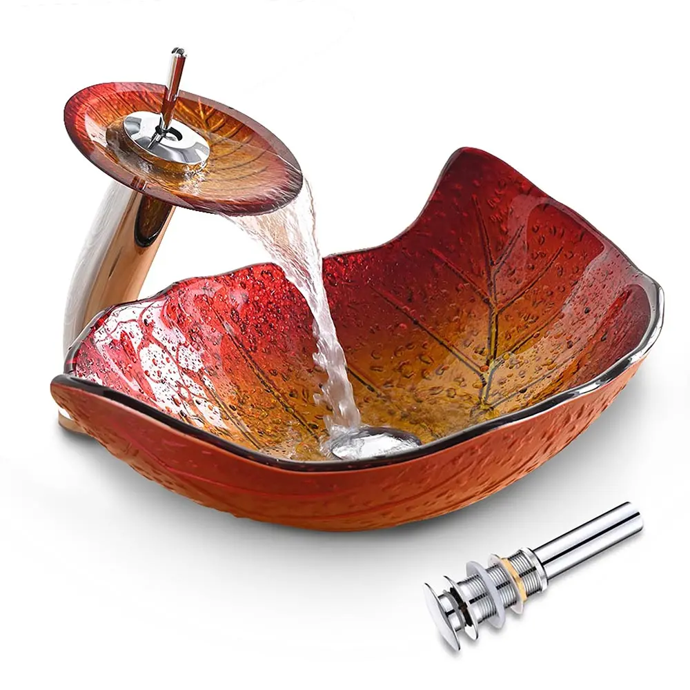 Aquaterior Glass Leaf Sink Basin & Waterfall Faucet Kit 1