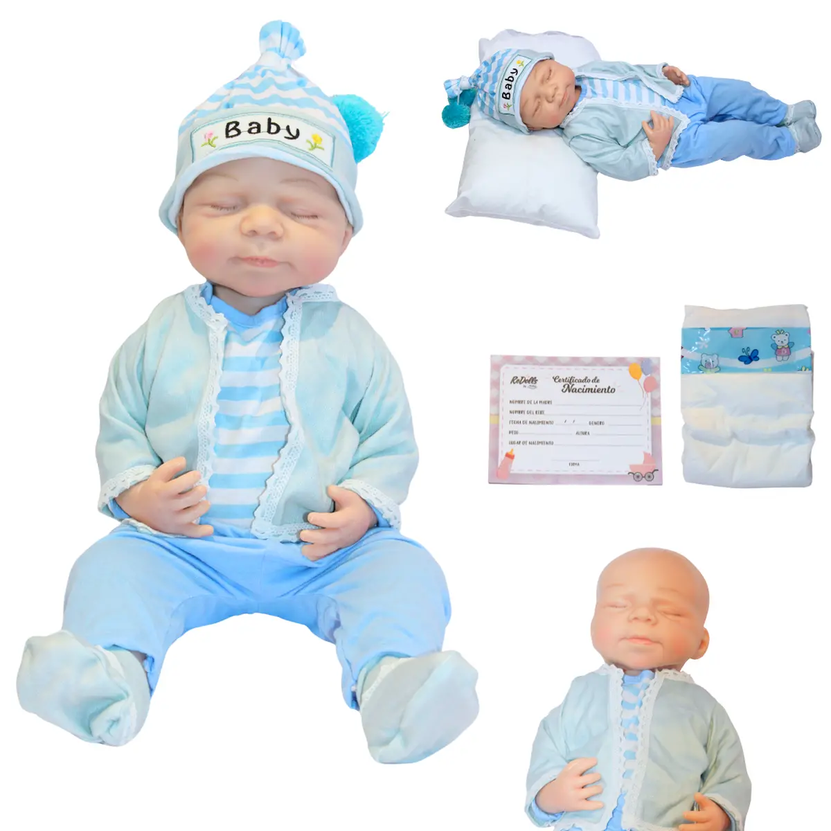 Muñeco Reborn Nicolás 55Cm Mameluco Y Kit Esencial 1