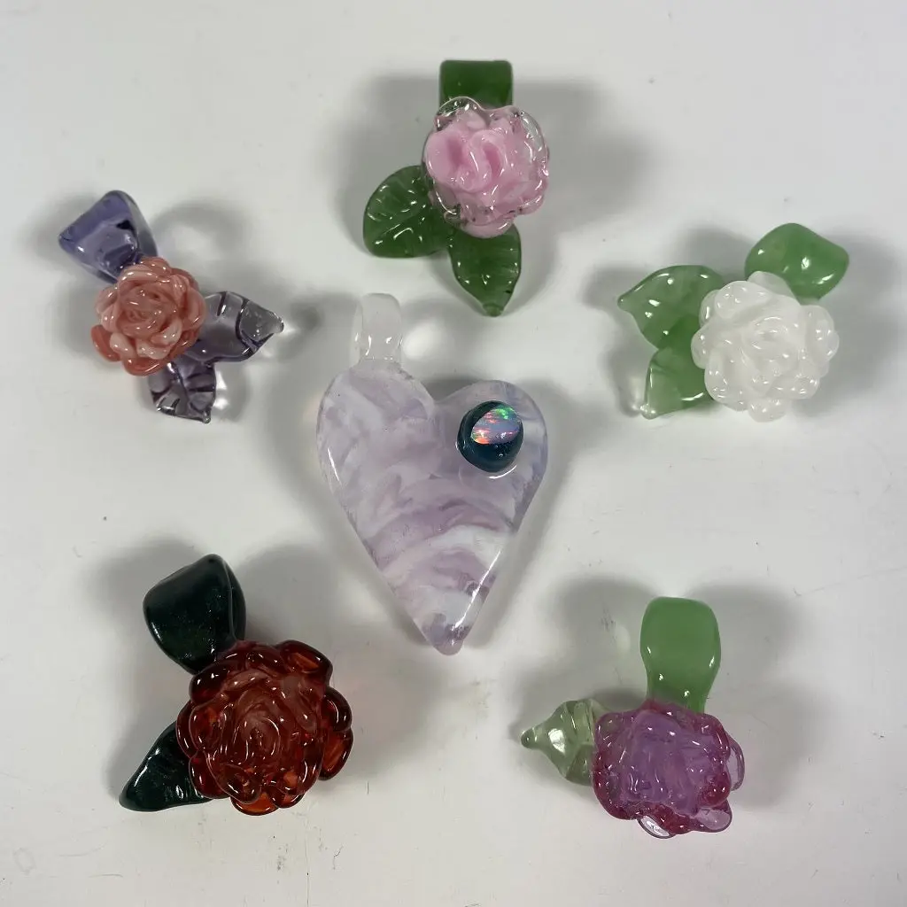 Butter Glass Heart & Rose Pendants 1