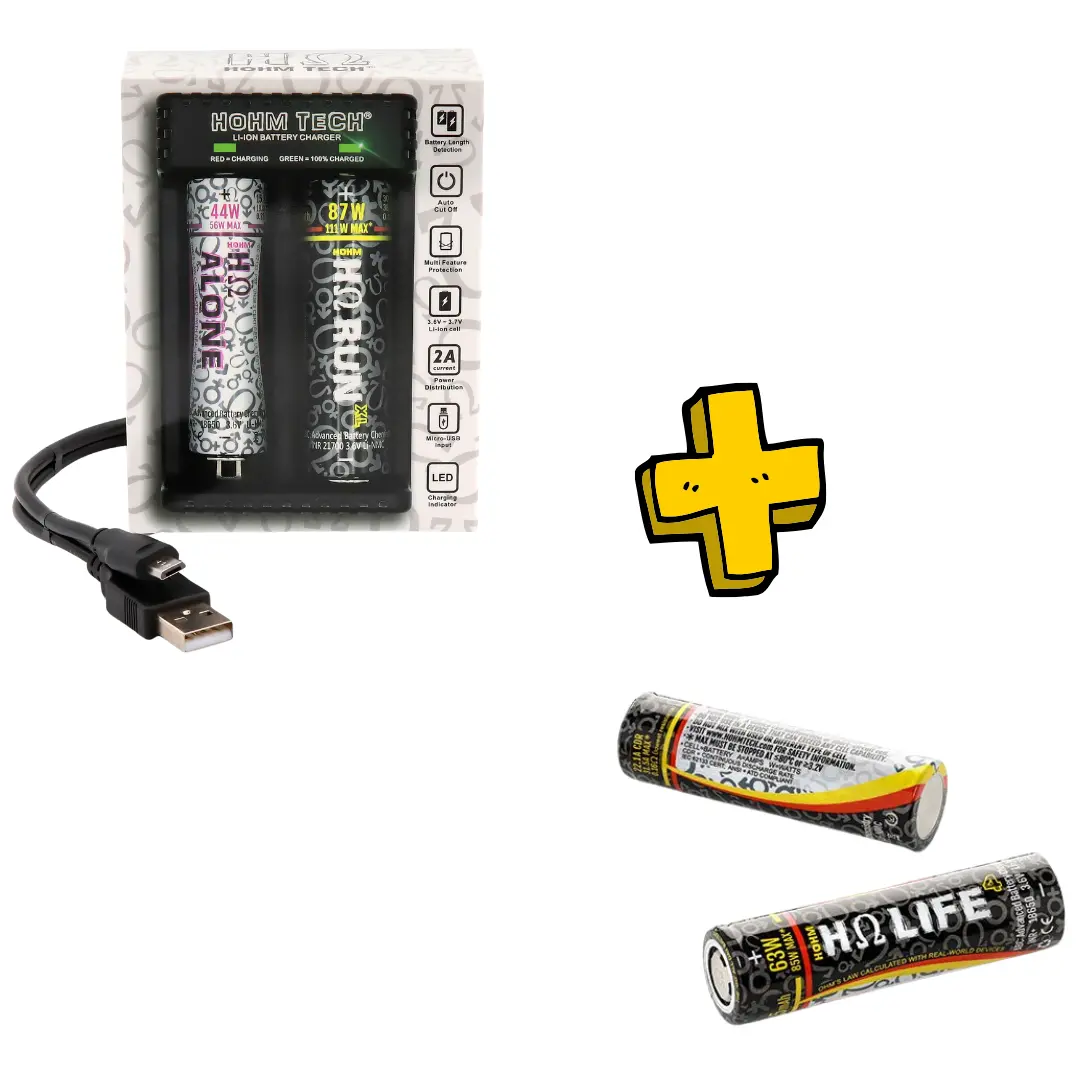 2-Slot 18650 Charger With 2 Hohm Life Batteries (Charger Fits: 18650, 20700, 21700, 26650) 1