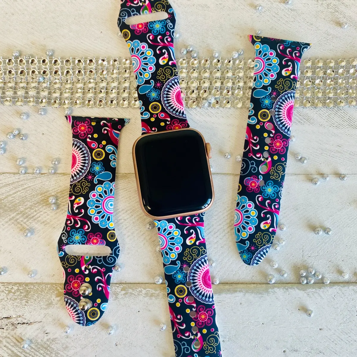 Colorful Paisley Black Print Silicone Band For Apple Watch 1