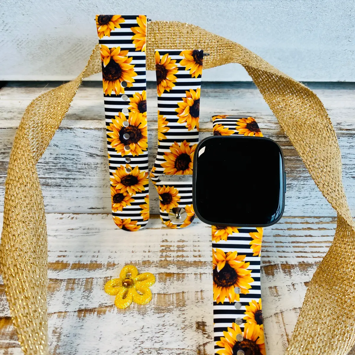 Pinstripe Sunflower Print Silicone Band For Fitbit Versa 1/2 1