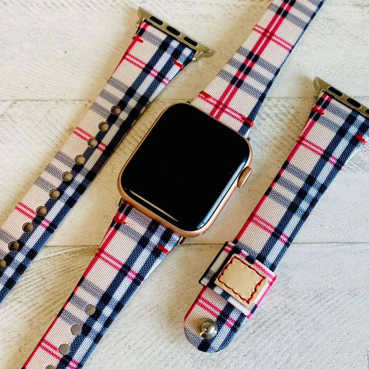 Slim Plaid Canvas Leather Lined Band For Apple Watch 1