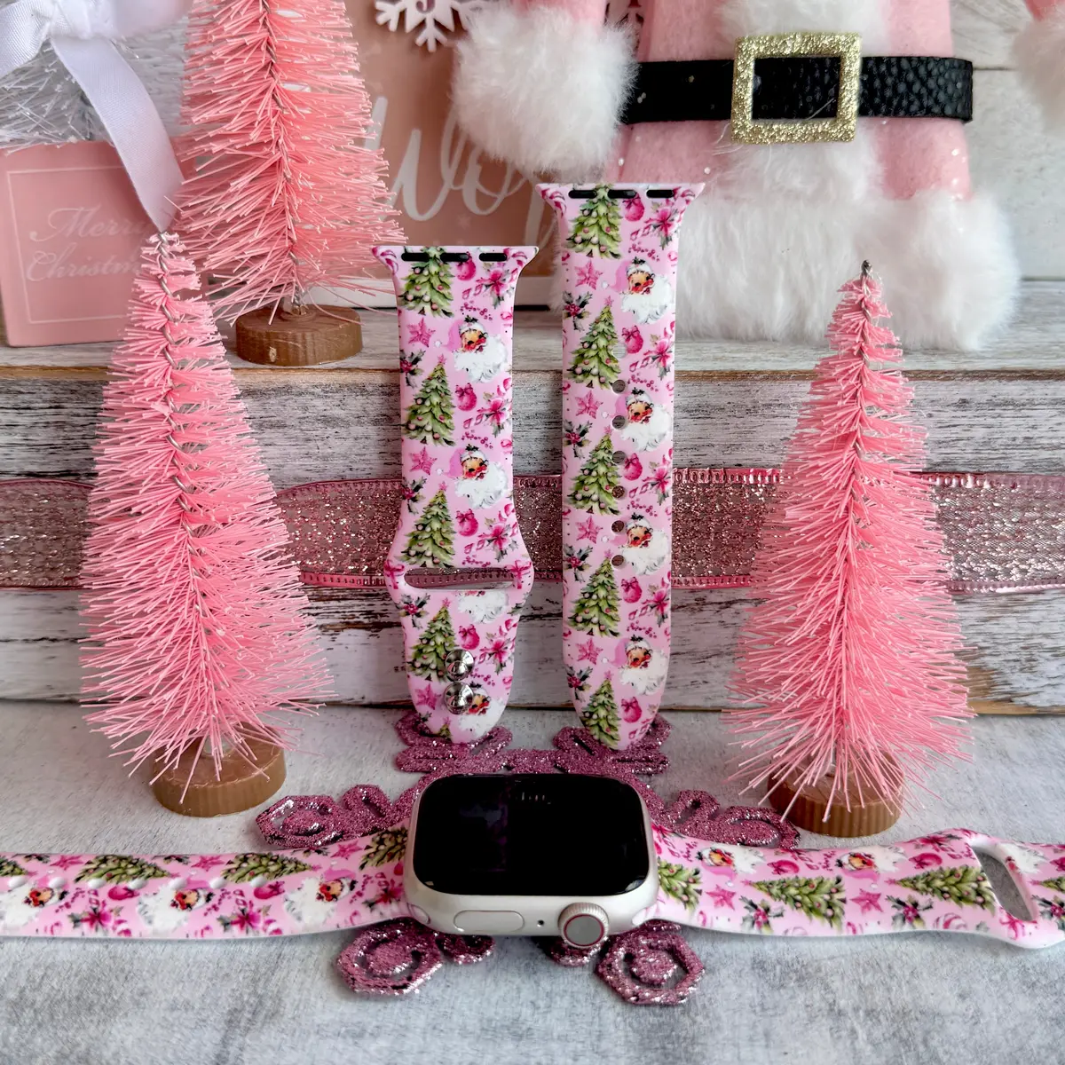 Jolly Pink Santa Print Silicone Band For Apple Watch 1