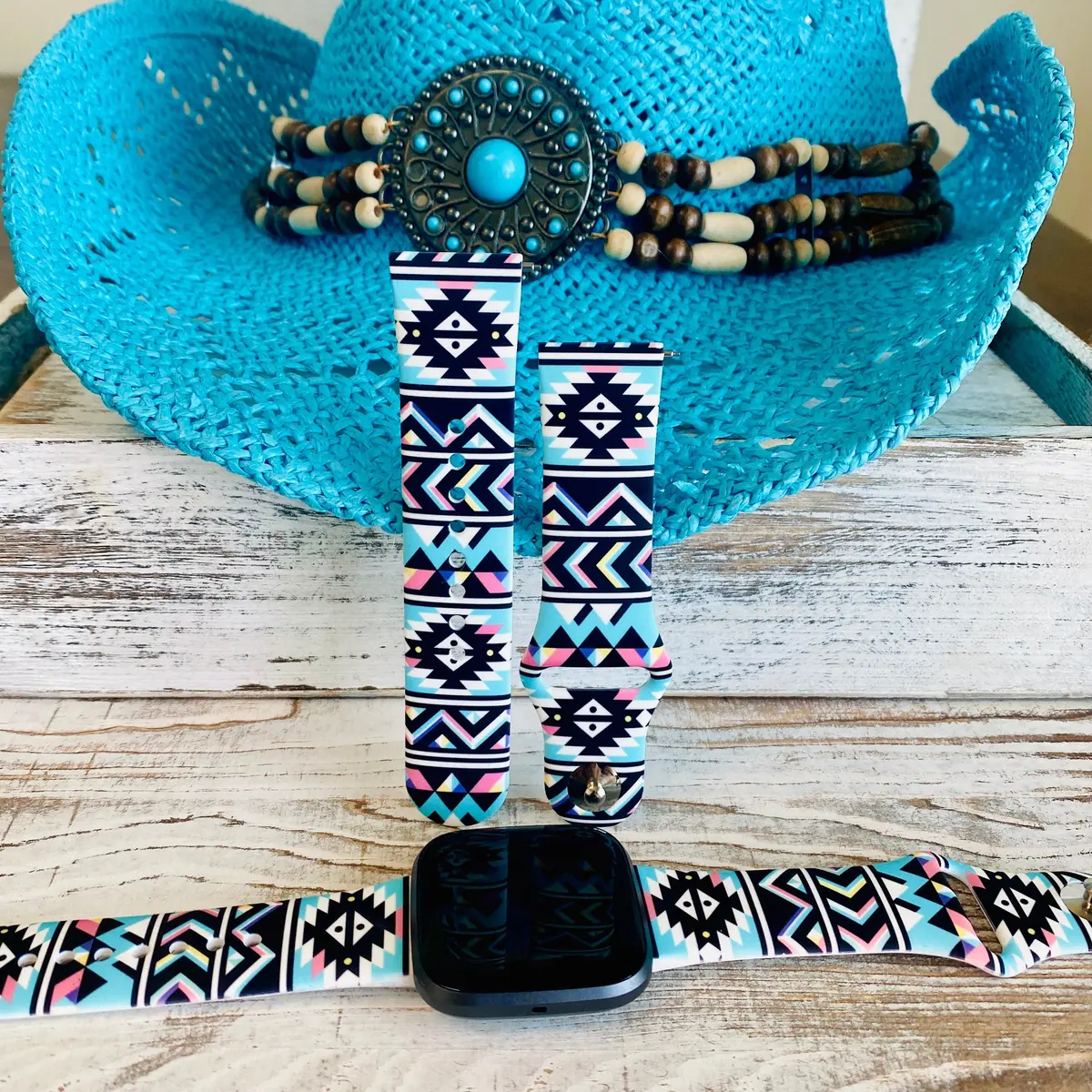 Boho-Chic Turquoise Print Silicone Band For Fitbit Versa 1/2 1