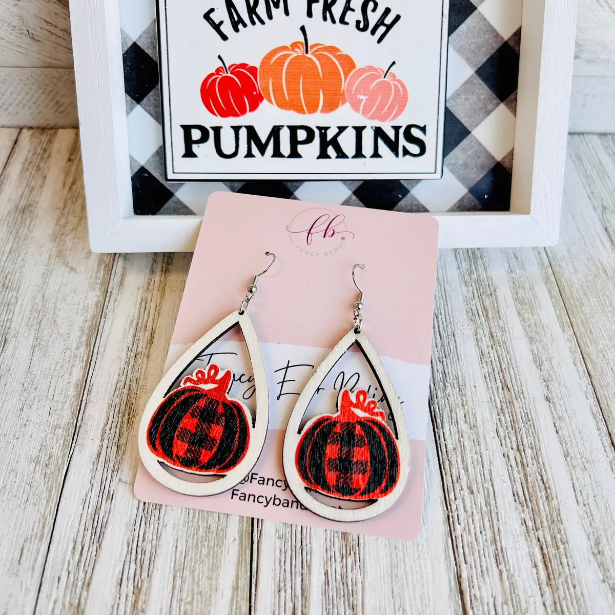 Harvest Chic Plaid Pumpkin Wooden Drop Ear Bling 1