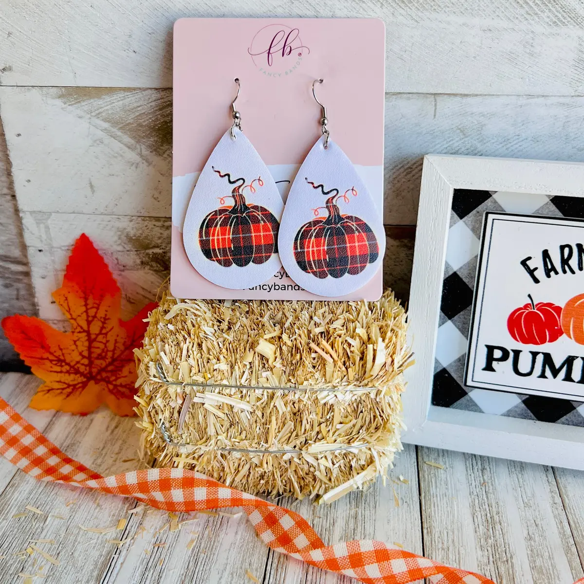 Plaid Pumpkin Faux Leather Drop Ear Bling 1