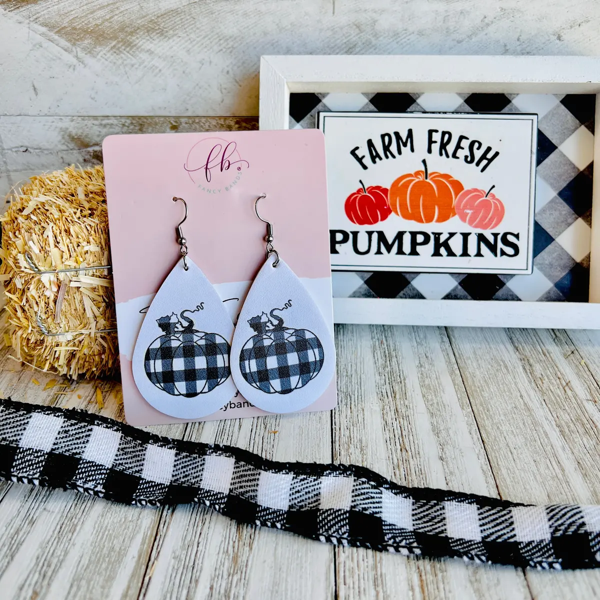 Fall Gingham Pumpkin Faux Leather Drop Ear Bling 1