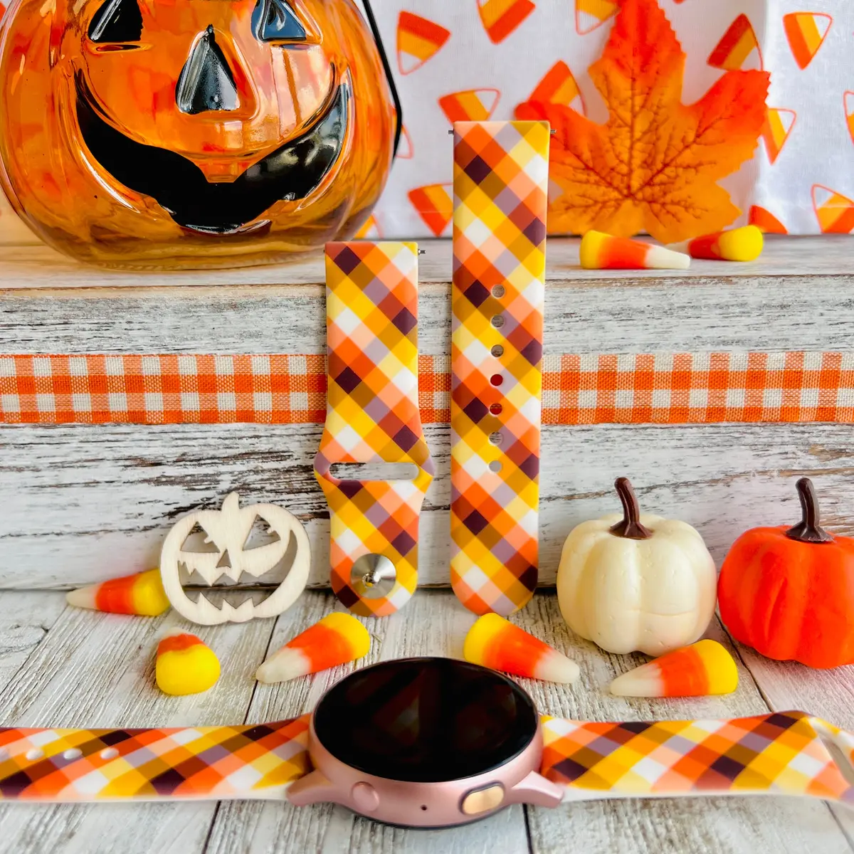 Candy Corn Gingham Print Silicone Band For Samsung Watch 1