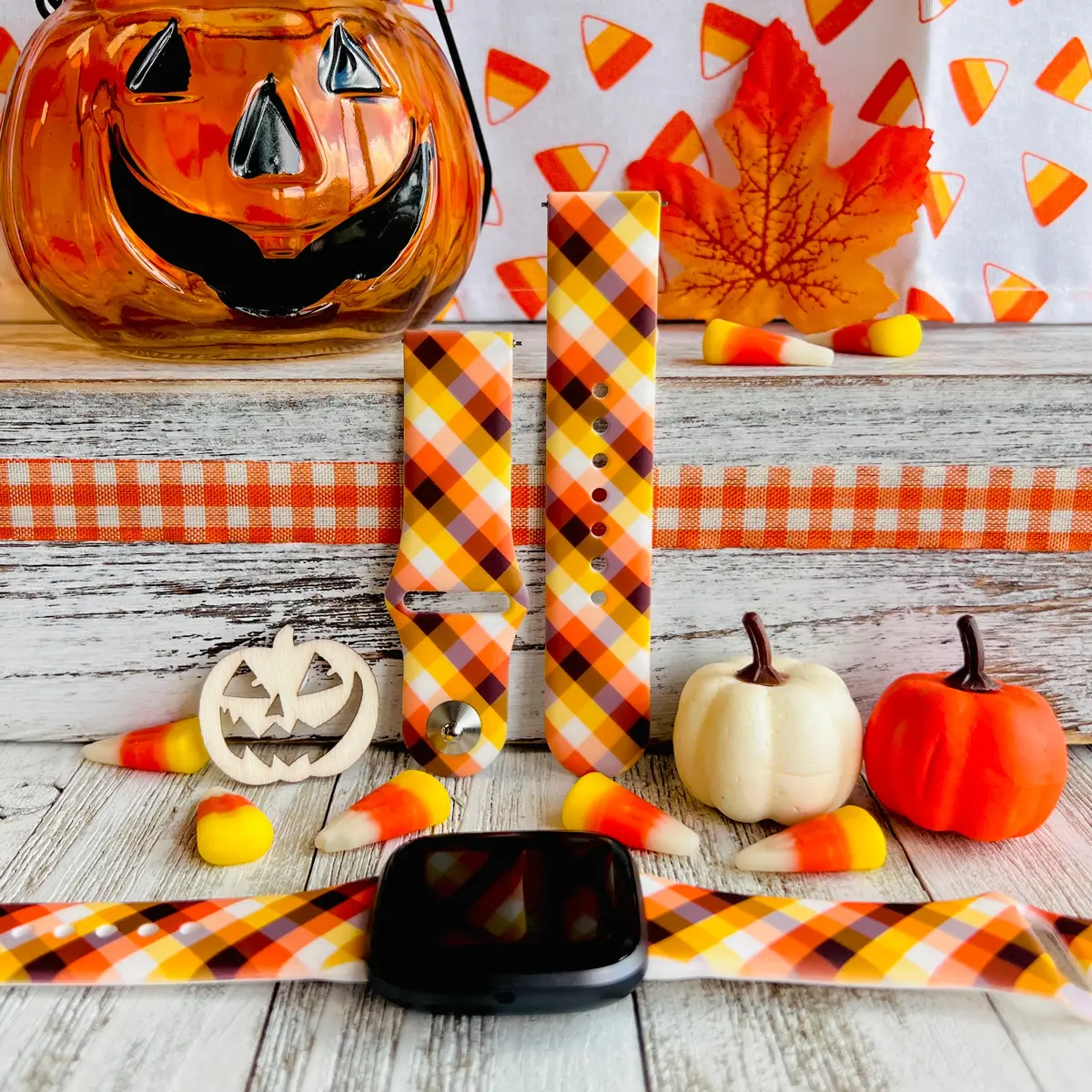 Candy Corn Gingham Print Silicone Band For Fitbit Versa 1/2 1