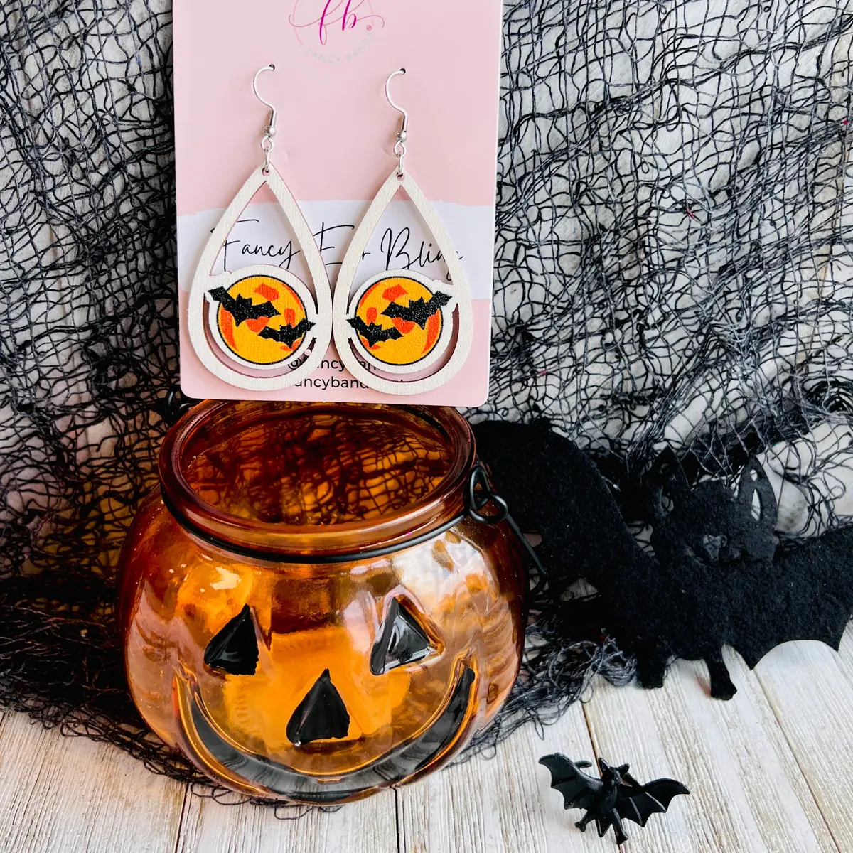 Halloween Bats Wooden Drop Ear Bling 1