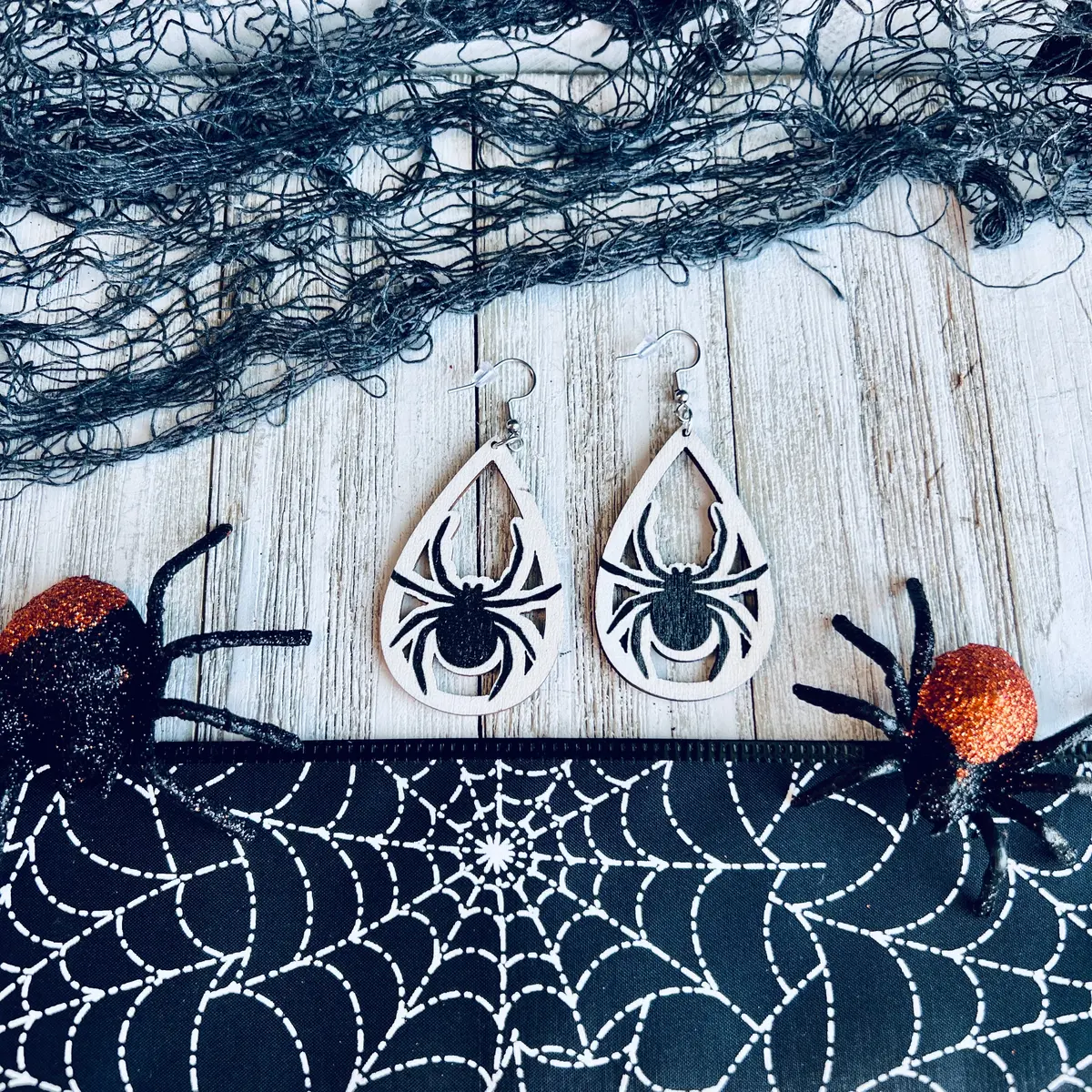 Spooky Spider Wooden Drop Ear Bling 1
