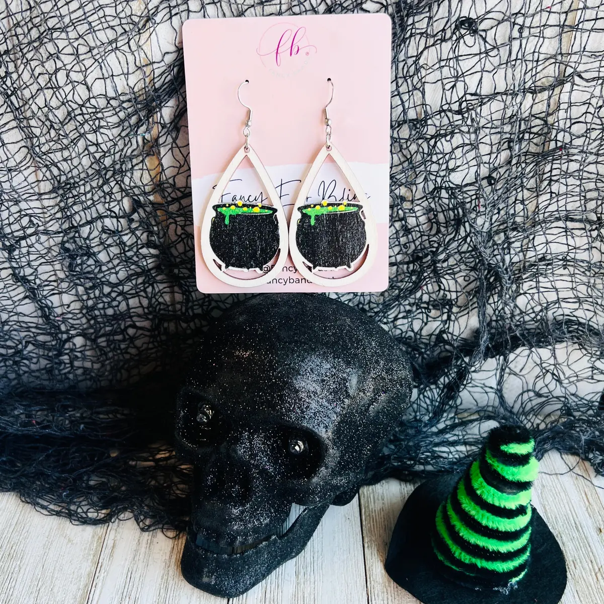 Witches Brew Cauldron Wooden Drop Ear Bling 1