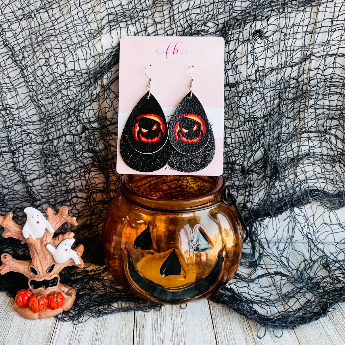 Sparkling Spooky Jack-O-Lantern Faux Leather Drop Ear Bling 1