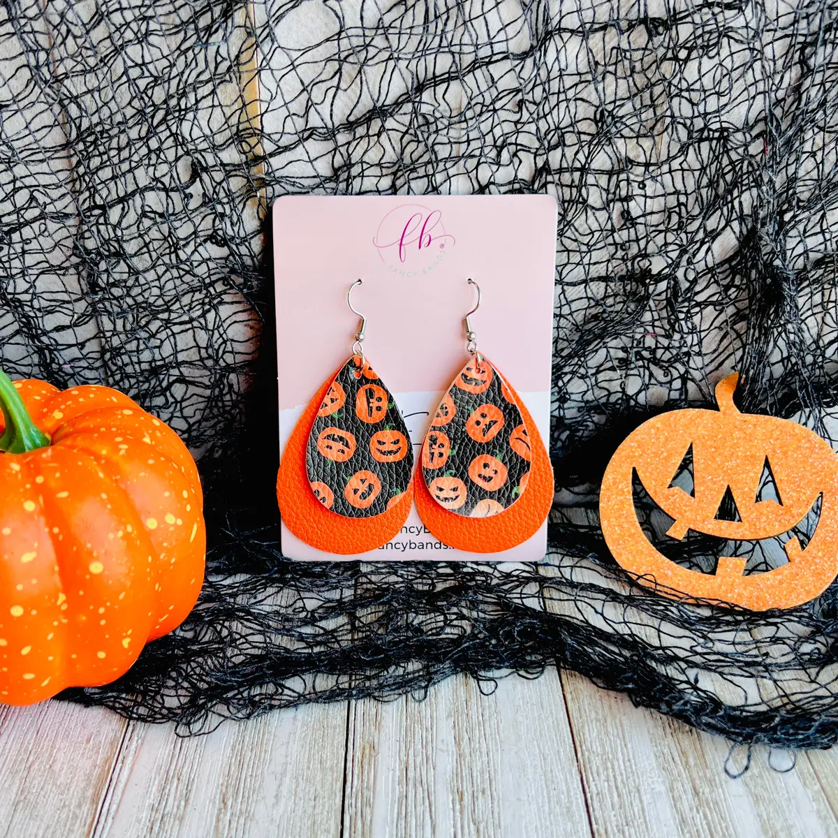 Spooky Halloween Jack-O-Lantern Faux Leather Drop Ear Bling 1