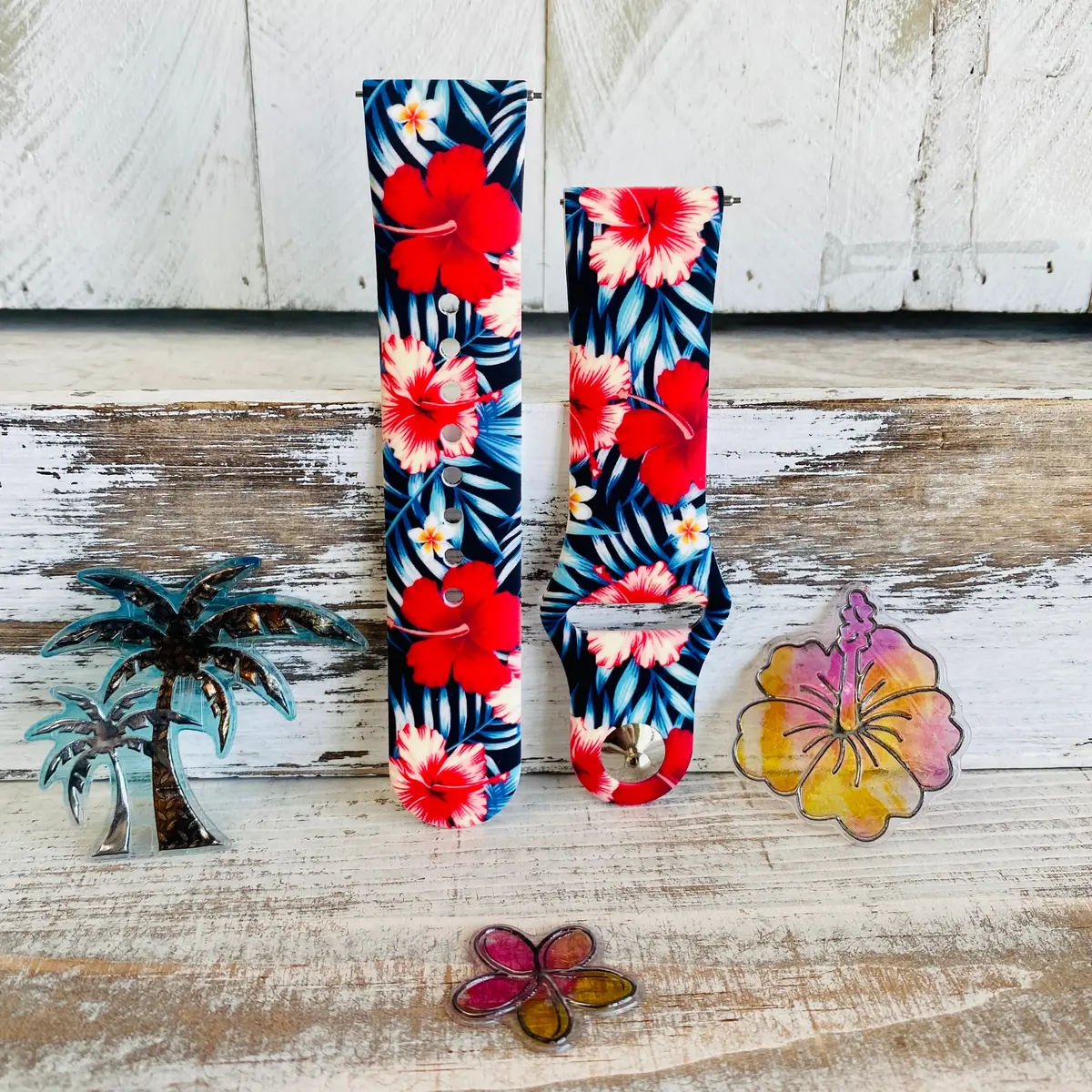 Stylish silicone band for Samsung watches featuring a tropical hibiscus print, offered in a variety of bold, vibrant colors. - Image 5