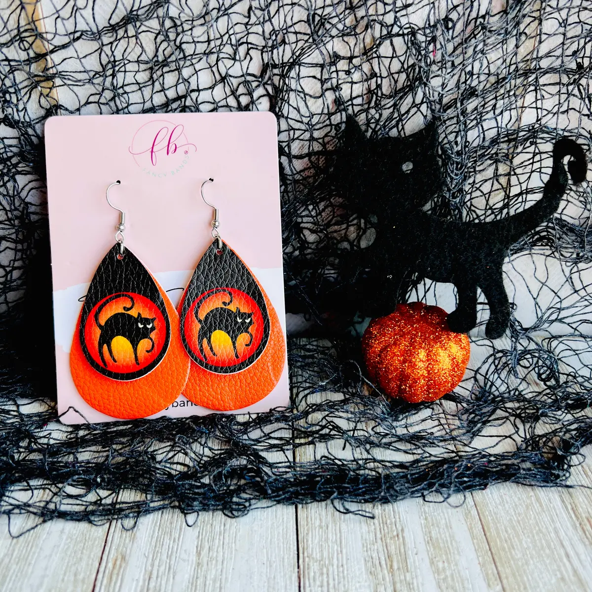 Haunted Kitty Moon Faux Leather Drop Ear Bling 1