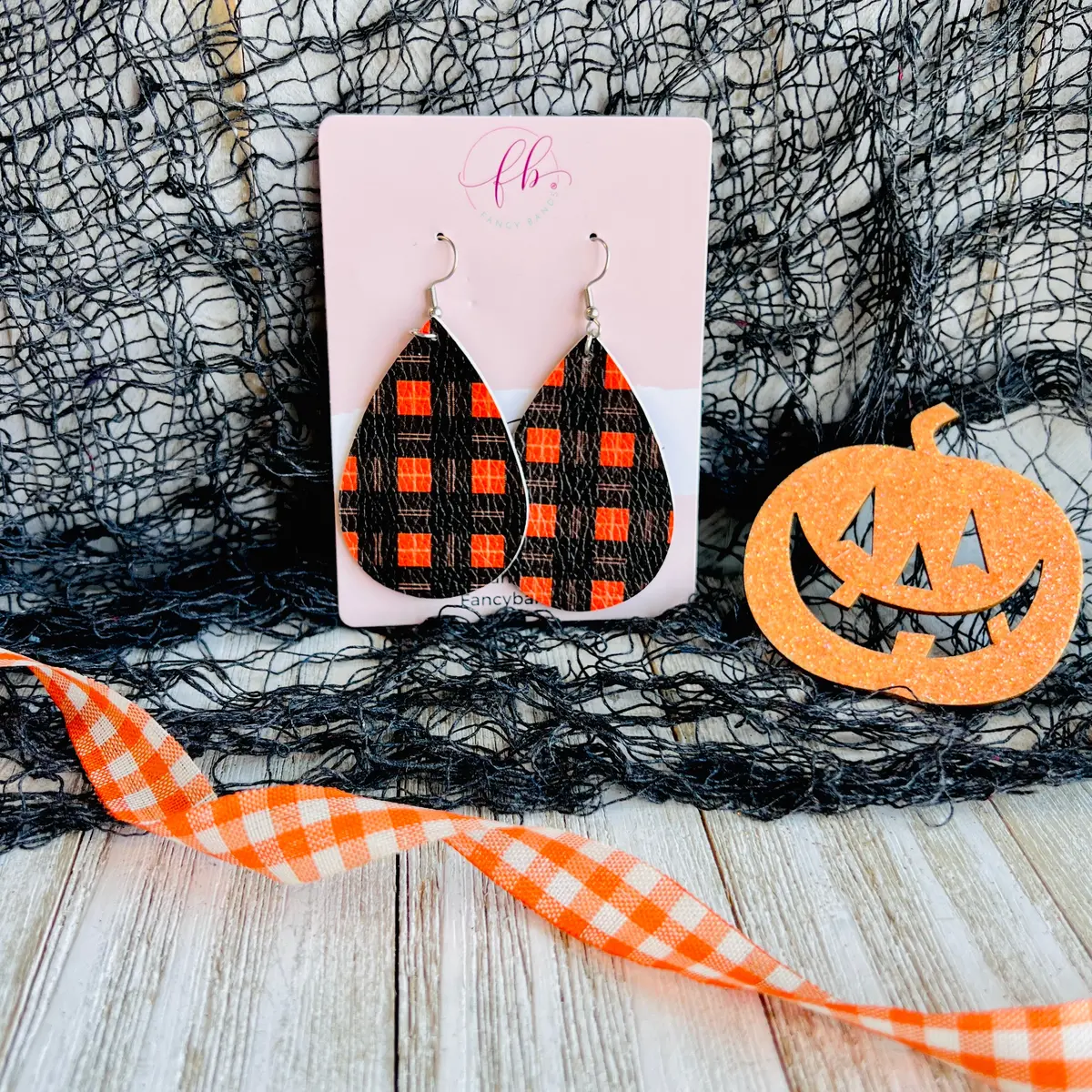 Halloween Plaid Faux Leather Drop Ear Bling 1