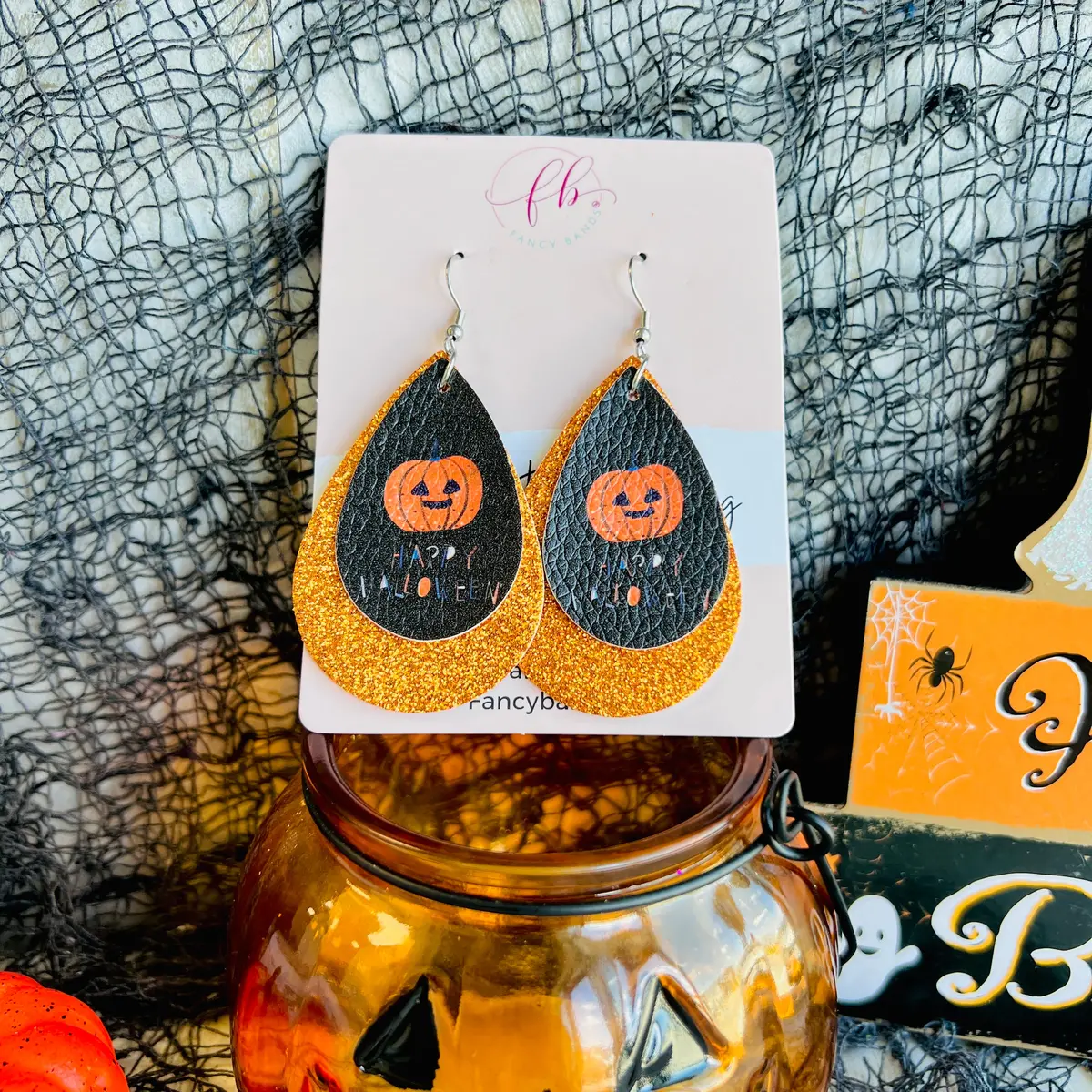 Glittering Pumpkin Faux Leather Drop Ear Bling 1