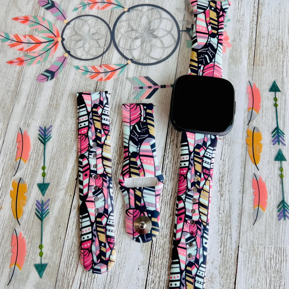 Bohemian Feathers Print Silicone Band For Fitbit Versa 1/2 1