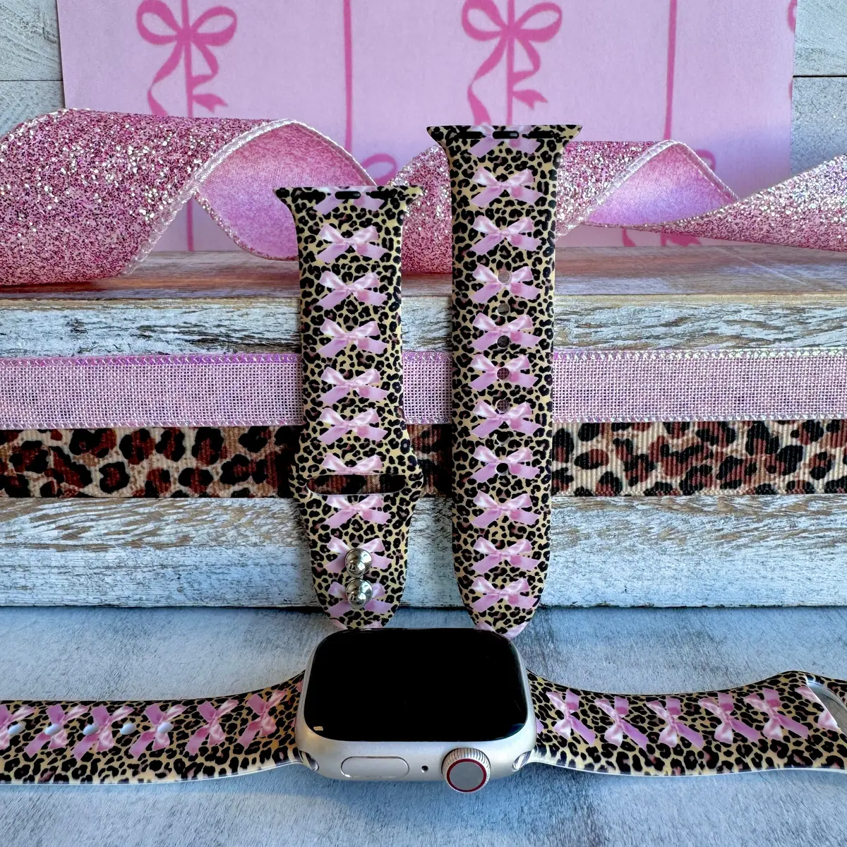 Bows On Leopard Print Silicone Band For Apple Watch 1