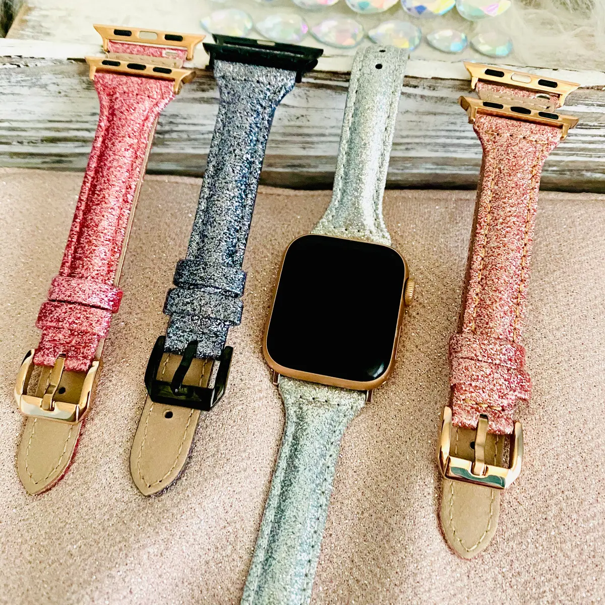 Sparkly Slim Leather Band For Apple Watch Multiple Colors Available 1