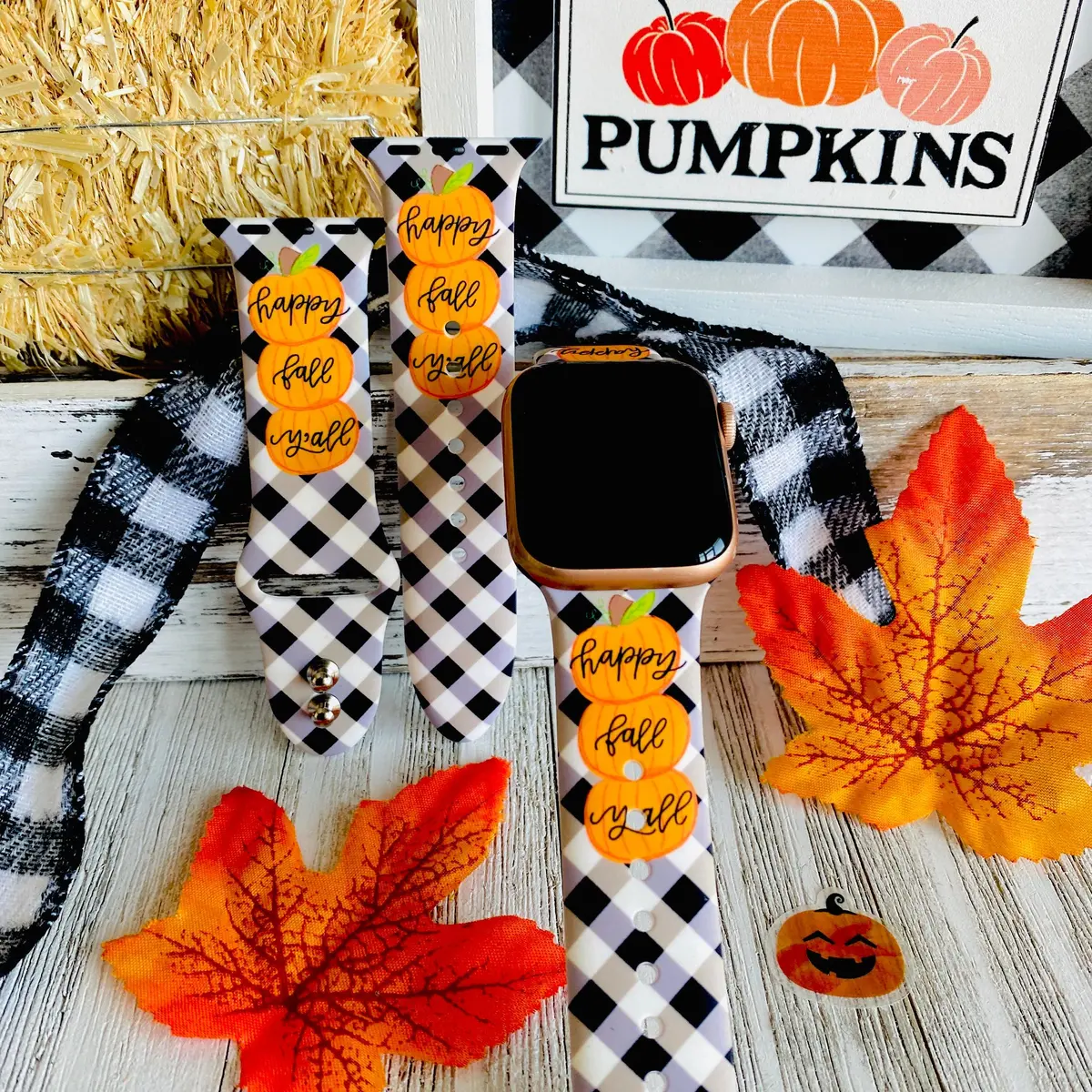 Black Plaid Happy Fall Y'all  Print Silicone Band For Apple Watch 1