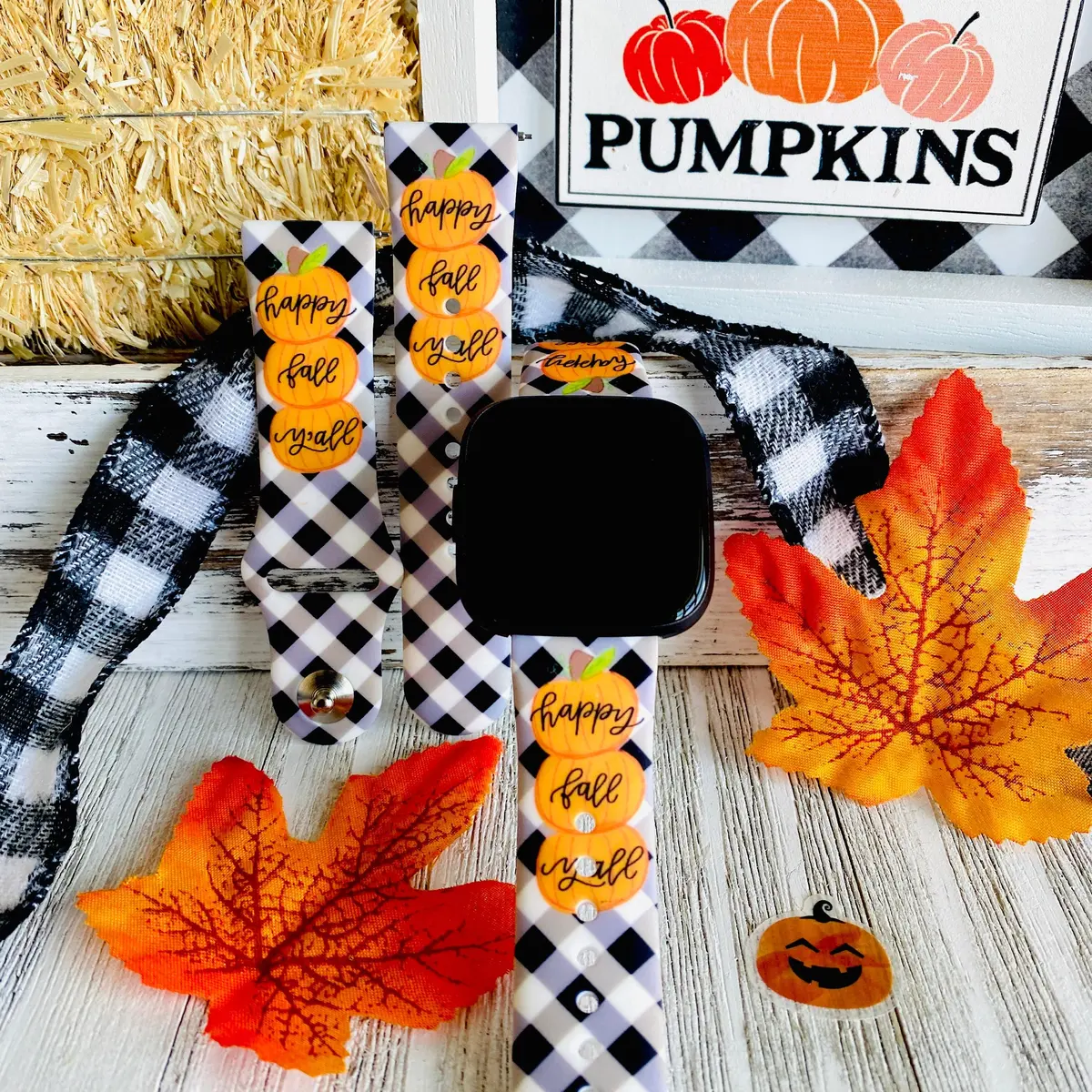 Black Plaid Happy Fall Y'all  Print Silicone Band For Fitbit Versa 1/2 1