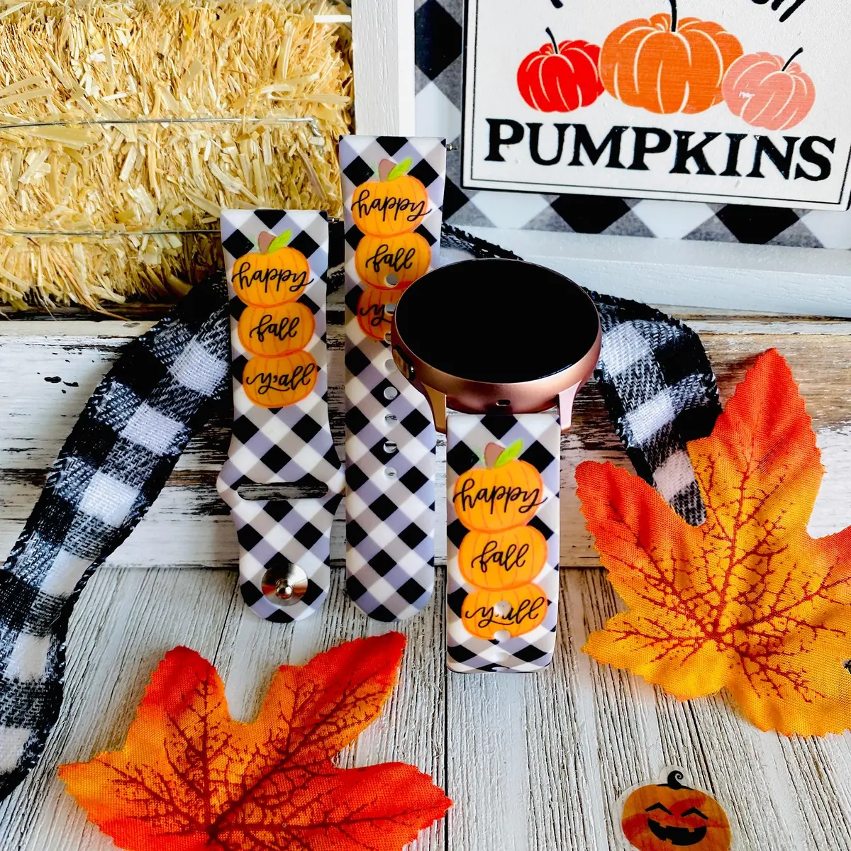 Black Plaid Happy Fall Y'all Print Silicone Band For Samsung Watch 1