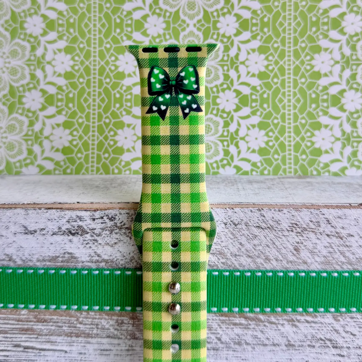 Green Gingham Darling Print Silicone Band For Apple Watch 3