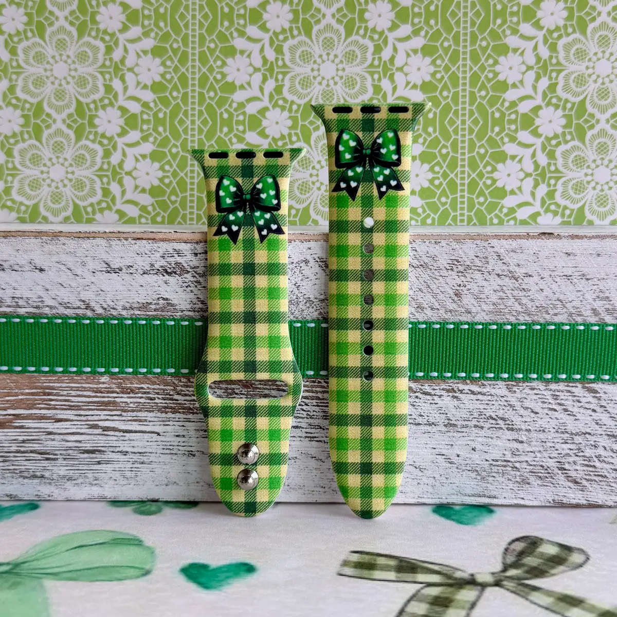 Green Gingham Darling Print Silicone Band For Apple Watch 4