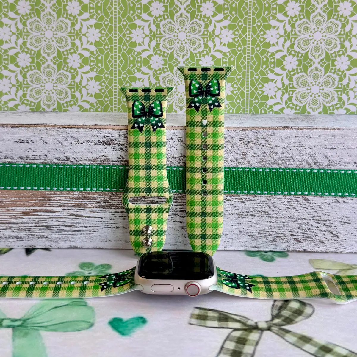 Green Gingham Darling Print Silicone Band For Apple Watch 1
