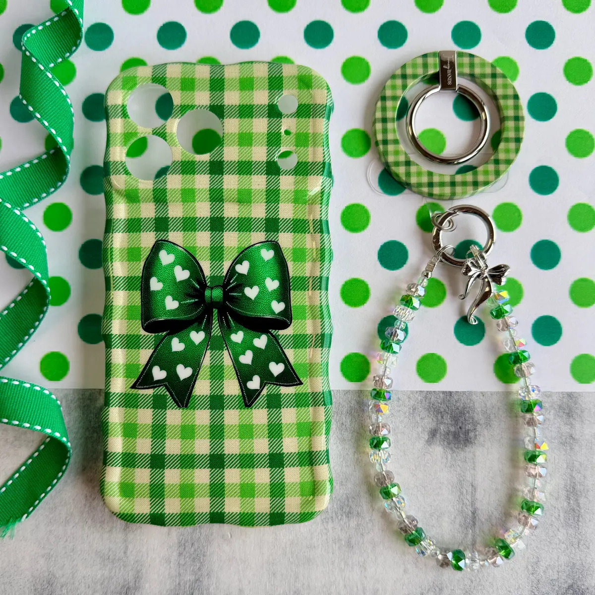 Green Gingham Bow Iphone Matching Set 1