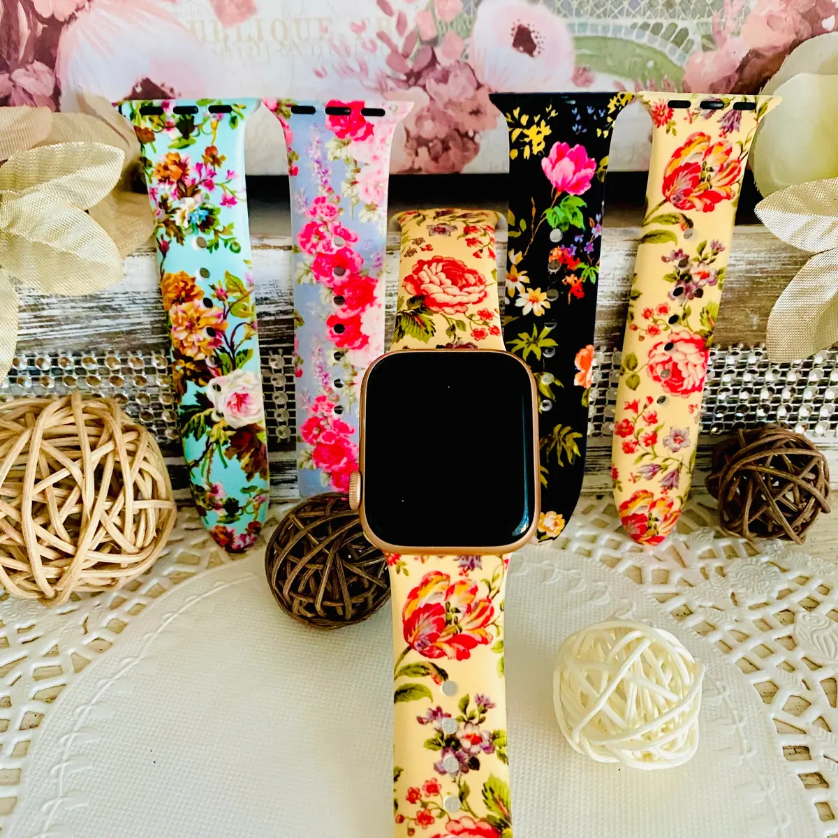 Vintage Floral Print Silicone Band For Apple Watch Multiple Colors Available 1