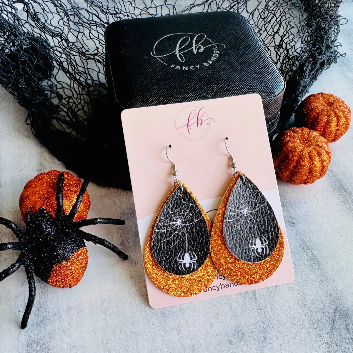 Orange Webbed Sparkle Double Layer Faux Leather Drop Ear Bling 1