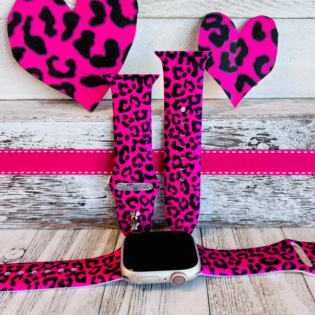 Barbiecore Pink Leopard Print Silicone Band For Apple Watch 1